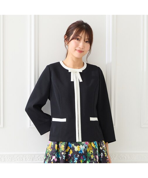 【リボンブローチ付】配色ノーカラージャケット