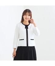 【リボンブローチ付】配色ノーカラージャケット