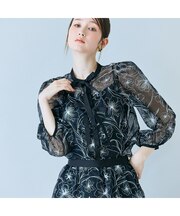 シアー刺繍バイカラーダブルリボンブラウス