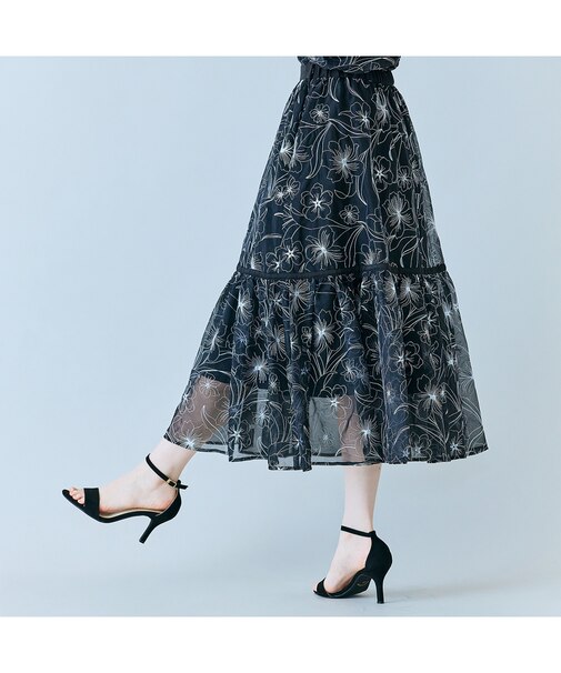 シアー刺繍バイカラーティアードスカート