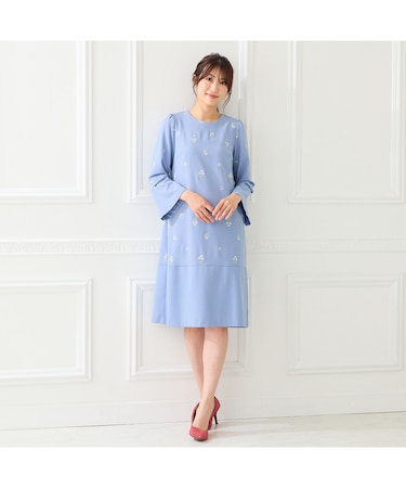 小花刺繍リボンスリーブワンピース