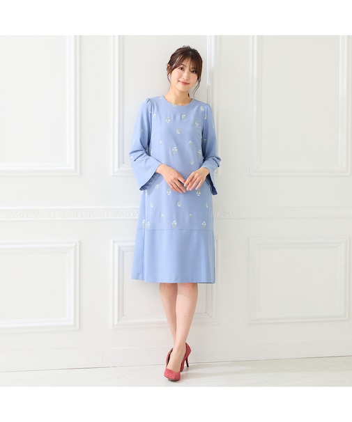 小花刺繍リボンスリーブワンピース