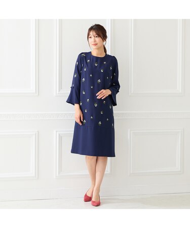 小花刺繍リボンスリーブワンピース