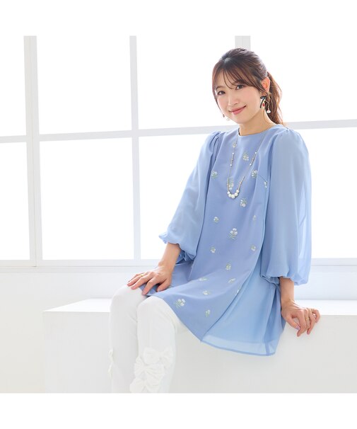 小花刺繍バルーンスリーブチュニック