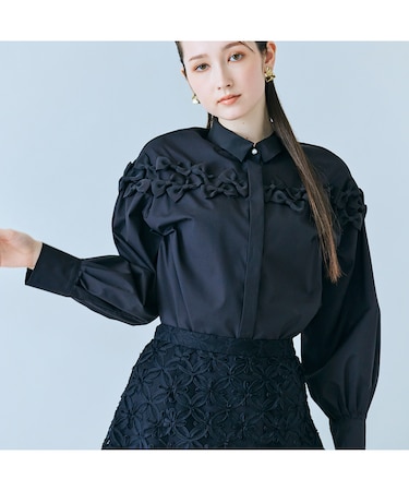 リボン付きシャツブラウス