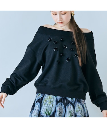 ラメ裏毛ビジュー付きプルオーバー