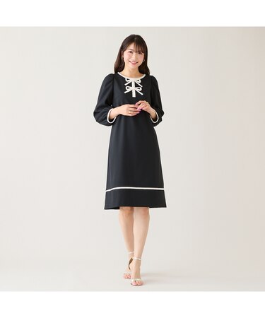 【伸縮性◎/イージーケア】配色リボンワンピース