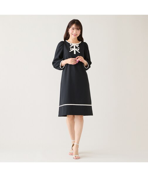 【伸縮性◎/イージーケア】配色リボンワンピース