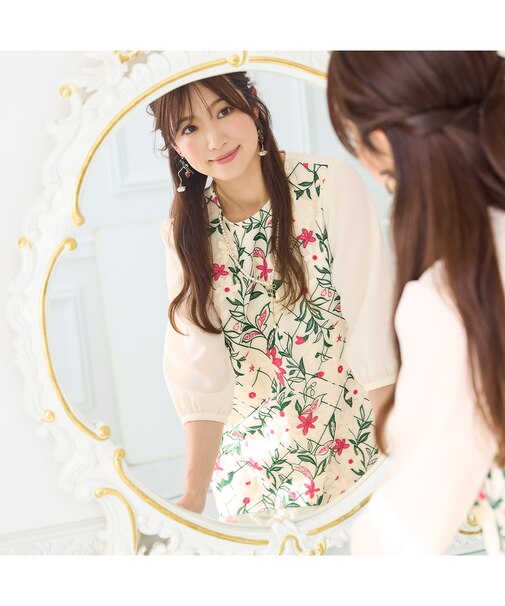 チェック＆フラワー刺繍ワンピース