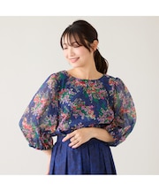 【セットアップ対応】フラワーブーケ柄パフスリーブブラウス