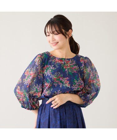 【セットアップ対応】フラワーブーケ柄パフスリーブブラウス