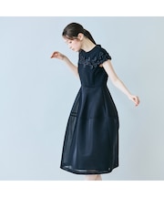 リボン付き異素材ワンピース