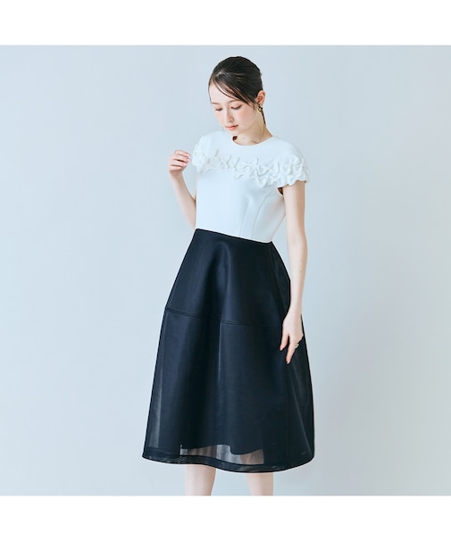 リボン付き異素材ワンピース