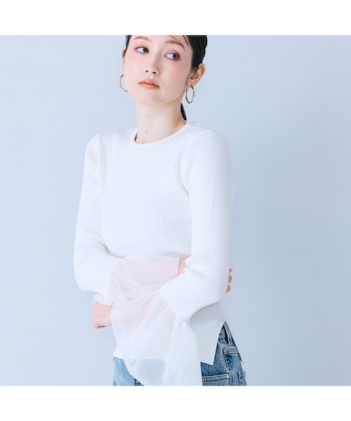 袖口シアーラッフルリブニット