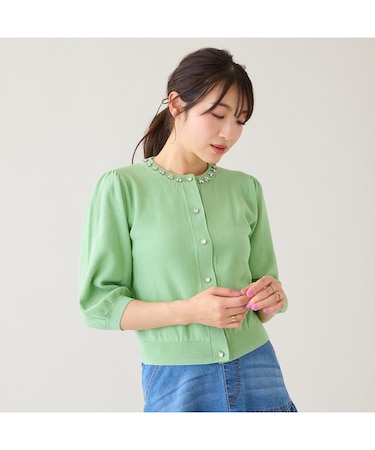 【綿100%】鹿の子編みビジューカーディガン