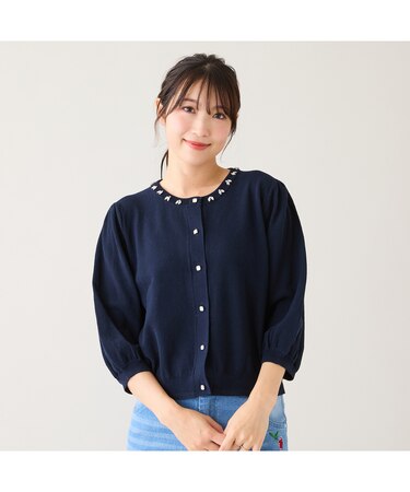 【綿100%】鹿の子編みビジューカーディガン