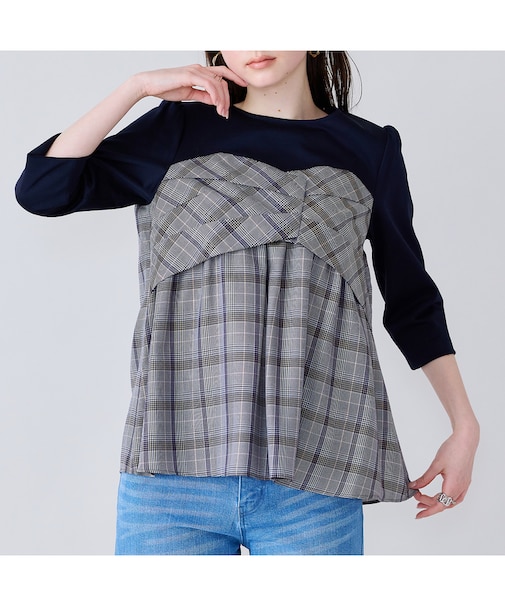 【人気デザイン】レイヤード風カットソー/チェック