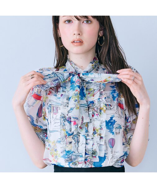 パリプリントリボンタイ付きブラウス