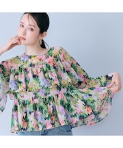 モザイクフラワープリントブラウス