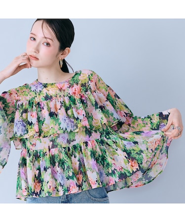 モザイクフラワープリントブラウス