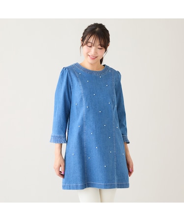 【伸縮性◎】パールスタッズデニムチュニック