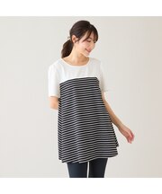 【接触冷感/UVカット/綿100％】ボーダーフレアカットソー