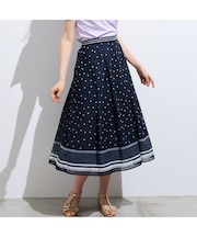 裾配色ボーダー ドットプリントフレアスカート