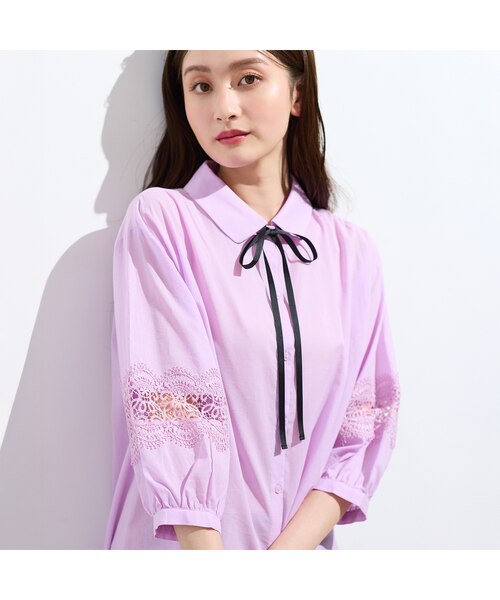 【ne Quittez pas】綿100% レース切替チュニックブラウス 紫 F 綿100%】レース切替ブラウス｜ローズティアラの通販｜&mall（アンド