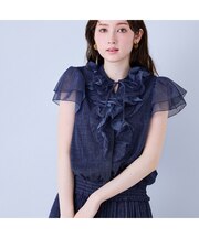 チェック・デニムプリントフロントフリルブラウス