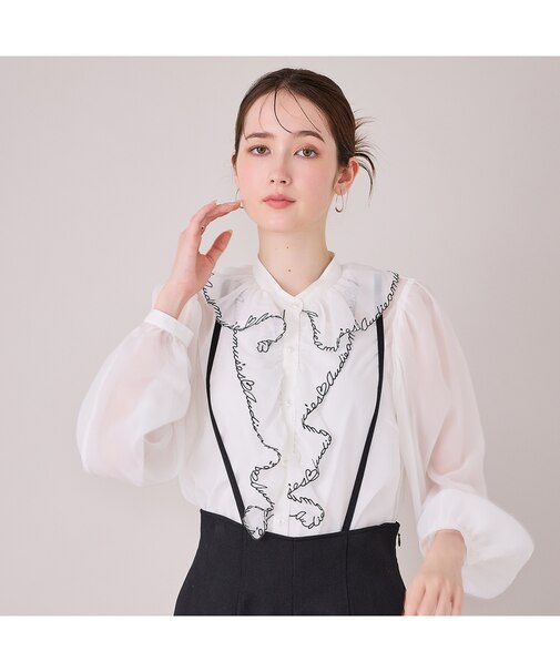 パウダーシフォンAudie a Musesロゴ刺繍ブラウス