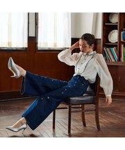 フラワー刺繍ワイドデニムパンツ
