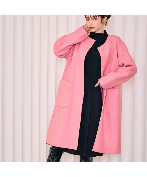 -MAGLIANO-オーバーサイズボアチェスターコート　ダスティーピンクカラー モデル美香着用】リバー仕立てマフラー付きロングコート｜ローズ