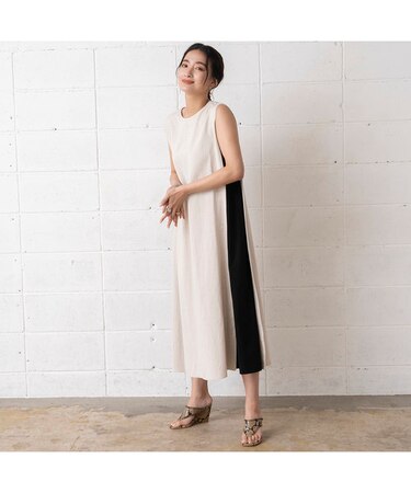 リネン混バイカラーワンピース
