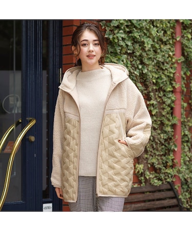 幾何柄キルト×ボアドッキングコート