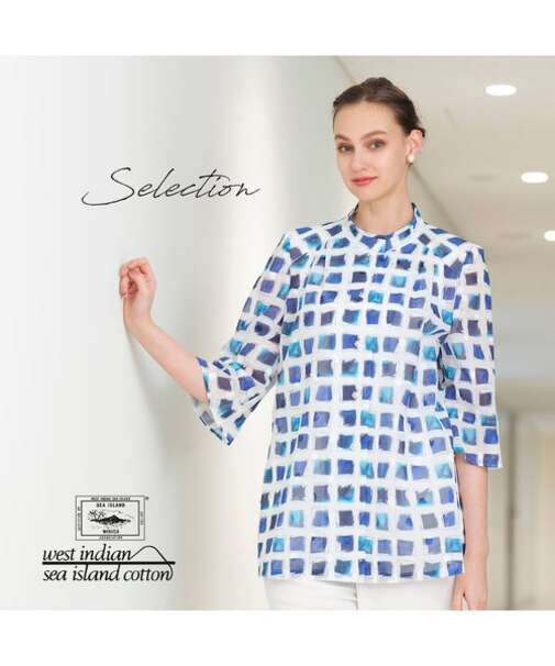 【Selection】海島綿カットジャカード スクエアプリントブラウス