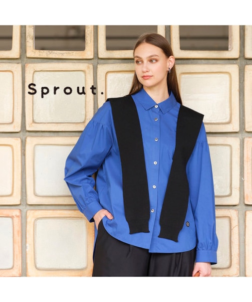 【Sprout.】肩掛けニット風ストール付き　袖ギャザーブラウス