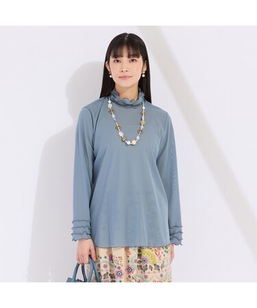ワイズメッシュ　ハイネックフリルTシャツ　