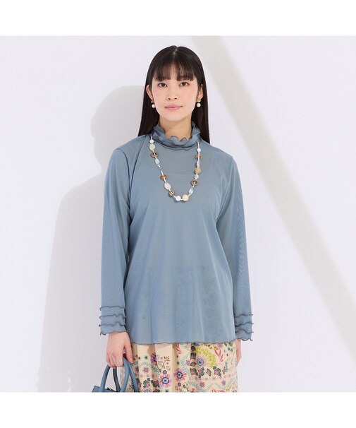 ワイズメッシュ　ハイネックフリルTシャツ　