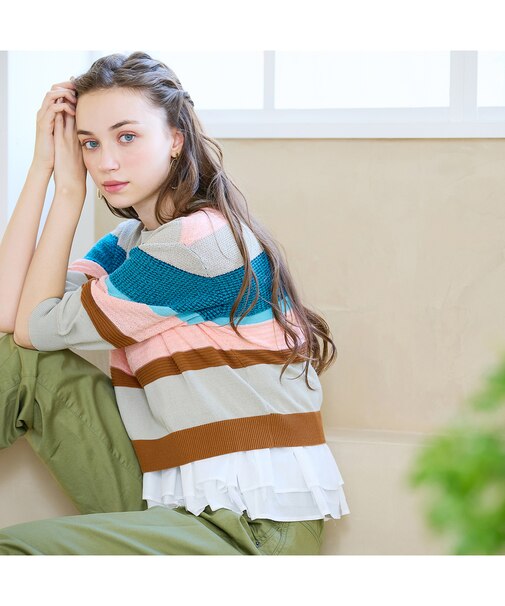 【S・Mサイズ】ウォッシャブル変わり織りボーダー　プルオーバーニット