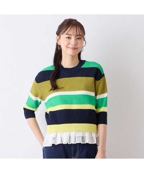 【S・Mサイズ】ウォッシャブル変わり織りボーダー　プルオーバーニット