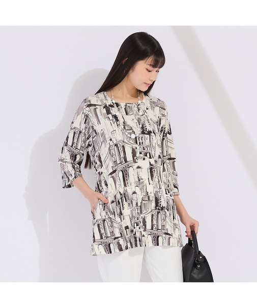フランス製素材シティプリント　スクエアネックTシャツ