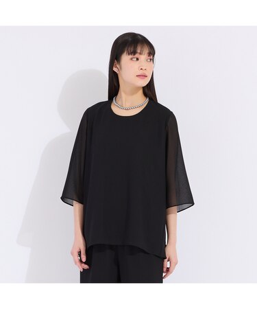 【セットアップ対応】梨地ジョーゼットノーカラーブラウス