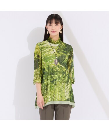 ウォッシャブル　リングチュールリーフプリントTシャツ