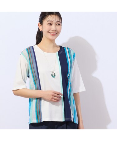 【洗える・綿100%】マルチストライプ ドッキングTシャツ