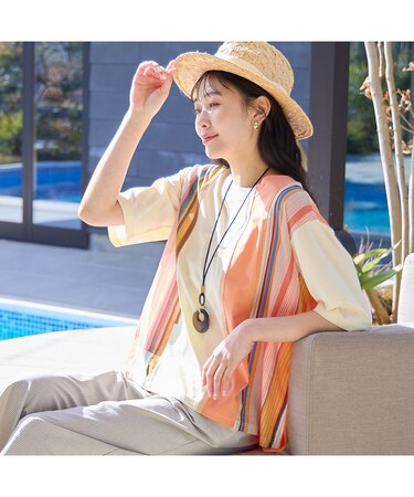 【洗える・綿100%】マルチストライプ ドッキングTシャツ