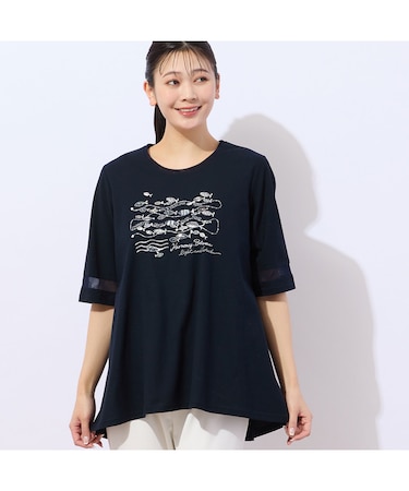 【洗える・日本製・綿100%】fish刺繍 フレアカットソー