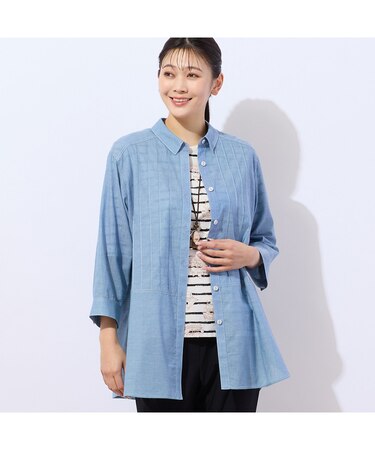 【洗える・綿100%】デニムガーゼ ピンタックシャツ