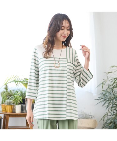 【手洗いOK・綿100％】アシンメトリー切り替え・ボーダーカットソー