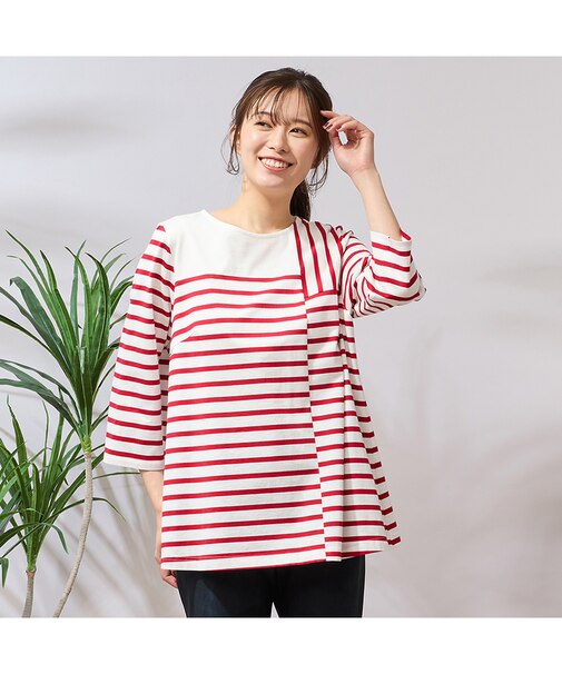 【手洗いOK・綿100％】アシンメトリー切り替え・ボーダーカットソー