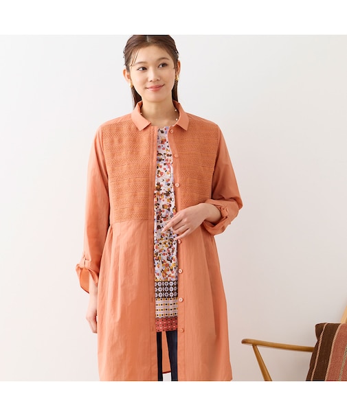 【洗える】スモッキング刺繍ロングシャツ
